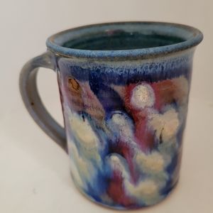 Studio Art Pottery Mug Coffee/Tea Blue Brown Cream Burgandy